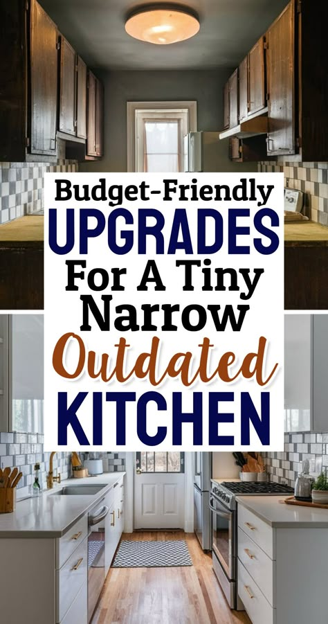 Budget-Friendly Upgrades For a Tiny Narrow Outdated Kitchen Small Kitchen Ideas Open Shelves, Very Small Galley Kitchen Ideas, Small Galley Kitchen With Breakfast Nook, Functional Tiny Kitchen, Small Kitchen Ideas Countertops, Interior Design Galley Kitchen, Big Fridge Small Kitchen, Small Modern Galley Kitchen, Small Apartment Design Kitchen