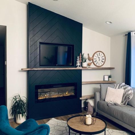 Black Accent Wall With Fireplace And Tv, Vertical Wood Accent Wall Fireplace, Herringbone Tv Wall, Electric Fireplace Ideas With Tv Vaulted Ceiling, Fireplace Accent Wall, Wall With Fireplace, Diy Shiplap Fireplace, Fireplace Indoor, Fireplace Accent Walls