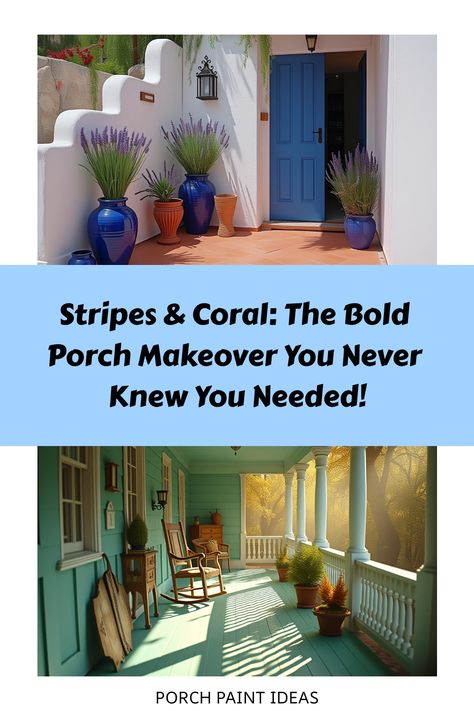 Narrow porch with striped floor, coral door, and glowing lights at dusk Porch Paint Ideas, Striped Floor, Small Porch, Porch Paint, Reflection Painting, Porch Makeover, Porch Wall, Porch Flooring, Small Porches