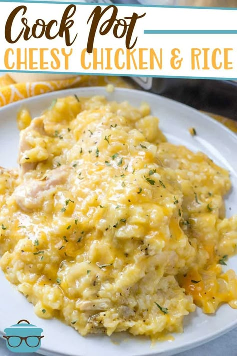 Crock Pot Cheesy Chicken and Rice is an easy, classic family favorite made with chicken breasts, cheddar cheese, diced onions and seasoning. Crockpot Cheesy Chicken And Rice, Crockpot Cheesy Chicken, Crock Pot Cheesy Chicken, Chicken And Rice Crockpot, Cheesy Chicken And Rice, Cheesy Chicken Rice, Rice Video, Crock Pot Chicken, Country Cook