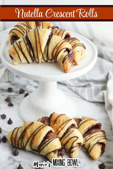 Nutella crescent rolls are a sweet take on the classic flaky roll. Crescents are filled with nutella, baked, and topped with melted chocolate Nutella Cresent Roll Recipes, Caramel Icebox Cake, Ritz Cracker Dessert, Cream Cheese Fudge, Nutella Crescent Rolls, Cheese Fudge, Pillsbury Crescent Roll Recipes, Crescent Rolls Recipe, Recipes Using Crescent Rolls