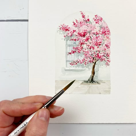 Cherry Tree Acrylic Painting, Watercolour Cherry Blossom Tree, Japanese Cherry Blossom Watercolor, Water Colour Cherry Blossom, Blossom Tree Watercolour, Cherry Blossom Illustration Drawings, Easy Sakura Painting, Cherry Blossom Tree Watercolor Painting, Cherry Blossom Watercolor Tutorial