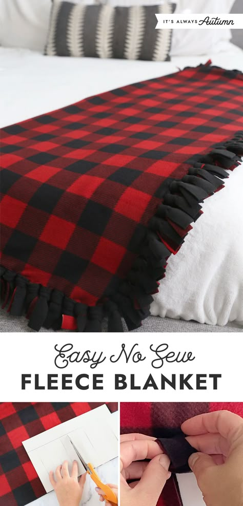 No sew fleece blankets are so easy to make! Pair two of your favorite fleece prints or solids into a cuddly blanket that makes a great DIY gift. Learn four different ways to make these blankets. Making Fleece Blankets No Sew, Rag Tie Blanket No Sew Fleece, How Much Fleece For A Tie Blanket, Knot Throw Blanket, Fleece No Sew Blanket, Diy Knot Blanket No Sew Fleece, No Sew Dog Blanket, How To Make A No Sew Fleece Blanket, Rag Blanket Diy How To Make