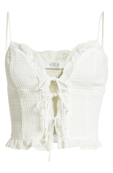 ASTR the Label Lace Trim Tie Front Crop Camisole in White at Nordstrom Rack, Size Large