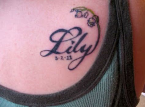 Lily baby tattoo idea Lily Name Tattoo, Lily Name, Lily Of The Valley Tattoo, Name Tattoo Design, Valley Tattoo, Baby Tattoo, Lily Tattoo, Name Tattoo Designs, Girly Tattoos