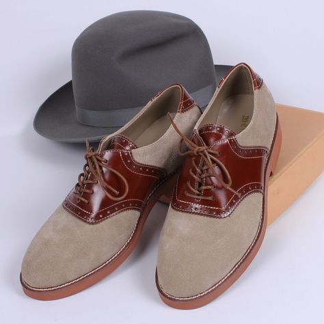 Elliot is a brand new Two-tone men's 1950s-style saddles shoes/ oxfords (also available in the women's category). This style is so casual, sporty, and made of soft suede and cognac brown full-grain leather. The rubber EVA outsole makes them so comfy and light. #memery #memeryshoes Saddle Shoes, 1950s Style, Casual Sporty, 1950s Fashion, Vintage Shoes, Soft Suede, Full Grain Leather, Cognac, Two Tone