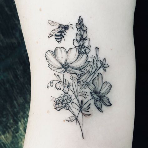 Wildflower Bee Tattoo, Bee And Wildflower Tattoo, Bee Tattoo Black And White, Flower And Bee Tattoo, Garden Tattoos, Insect Tattoo, Tattoo Board, Wildflower Tattoo, Bee Tattoo