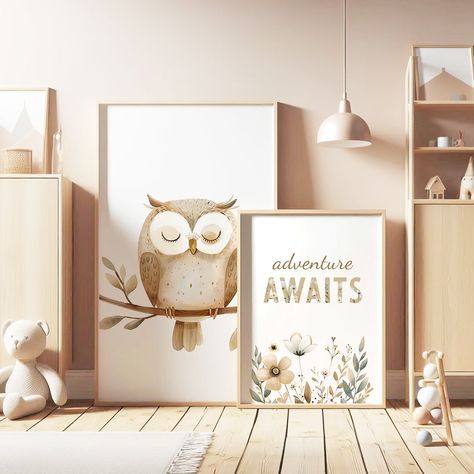 🦉✨ Adventure awaits in your nursery! 🌿 This charming poster set features two sweet owls and a beautiful floral design with the inspiring message "Adventure Awaits." Perfect for creating a serene, nature-inspired atmosphere in your little one’s room. Let these wise and gentle creatures guide your child into a world of imagination and exploration! 🖼️ Available now: [Link in bio] 💸 Starting at $20+ 🎁 A lovely gift for parents-to-be or a whimsical addition to your nursery decor! #nurserydecor #... Owl Nursery Ideas, Owl Themed Nursery, Girl Nursery Themes, Owl Nursery, Serene Nature, World Of Imagination, Two Sweet, Inspiring Message