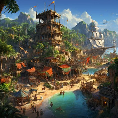 Pirate Island Concept Art, Pirate Architecture, Pirate Village, Pirate City, Pirate Town, Steampunk Ship, Steampunk City, Dnd Crafts, Magical Island