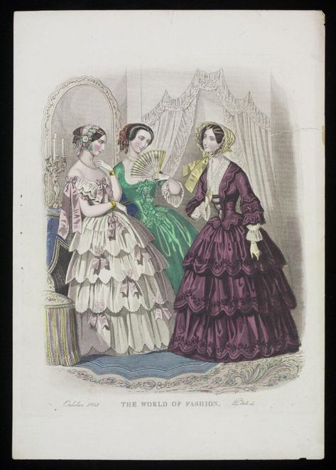 Fashion Plate | Unknown | V&A Explore The Collections 1850s Fashion, Ladies Day Dresses, Dress Trims, Court Dresses, 19th Century Fashion, Drawing Studies, Women's Evening Dresses, Patterned Carpet, Girl Day