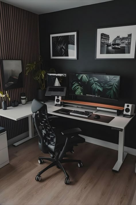 Black Work From Home Setup, Desk Black Aesthetic, Small Moody Office, Workspace Photography, Desks Minimalist, Laptop Setup, Minimal Desk Setup, Minimal Workspace, Organized Desk