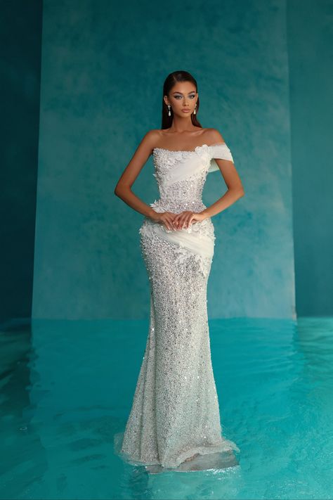 HIGHLIGHTS: -One shoulder tulle detail -Pearls, beads, sequins -Floral details MADE IN KOSOVO One Shoulder, White Dress, Highlights, Beads, Floral, White