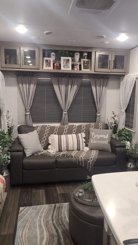 Rustic Rv Decor, Western Travel Trailer Decor, Gray And White Camper Interior, Camper Living Room Decor, Gray And White Rv Interior, Camper Living Decor, Camper Farmhouse Decor, Boho Camper Decor Travel Trailers, Camper Makeover Ideas Color Schemes