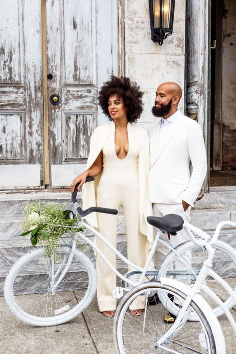 All The Outfits From Solange's Epic Wedding Weekend #refinery29 http://www.refinery29.com/2014/11/78102/solange-knowles-wedding-outfits#slide2 The Stéphane Rolland jumpsuit. The bikes. The couple. It's all downright breathtaking. Solange Knowles Wedding, Solange Wedding, Celebrity Wedding Hair, Second Wedding Dresses, Celebrity Wedding Dresses, Poppy Delevingne, Alternative Bridal, Solange Knowles, Bridal Jumpsuit