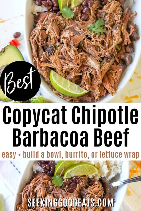 Shredded chipotle beef in a white oval serving dish with rice, beans, and lime wedges Mucho Burrito Copycat, Chipotles In Adobo Sauce Recipes, Chipotle Beef Recipe, Chipotle Meat, Homemade Barbacoa, Copycat Chipotle Barbacoa, Barbacoa Crock Pot, Chipotle Barbacoa Recipe, Chipotle Barbacoa