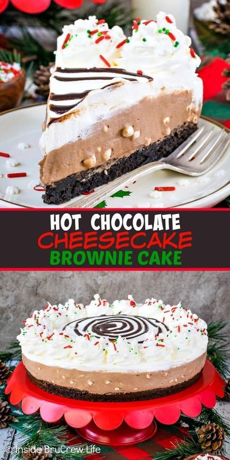 Hot Chocolate Cheesecake Brownie Cake - layers of no bake hot chocolate cheesecake and homemade brownies creates a stunning and delicious dessert. Try this easy recipe for parties and events! #brownie #cake #hotchocolate #nobakecheesecake #layeredcake #dessert #chocolate Easy Upscale Desserts, Chocolate Cheesecake Brownies, Cheesecake Brownie, Christmas Cheesecake, Cheesecake Brownies, Salty Cake, Cheesecake Desserts, Brownie Cake, Chocolate Cheesecake