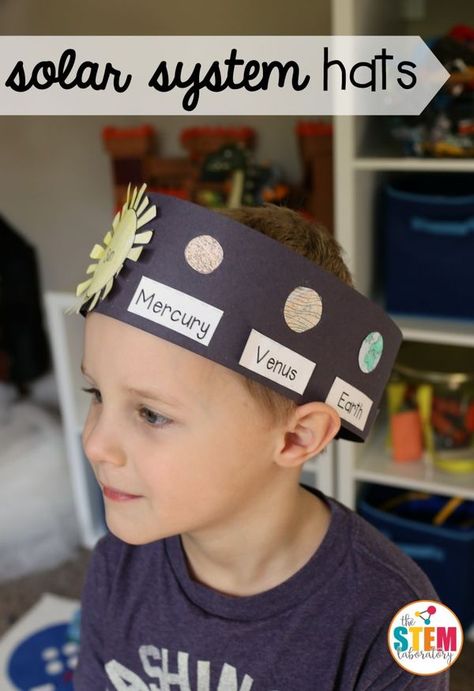 What an awesome outer space craft for kids! Make solar system hats to teach them the order of the planets. Great space activity for kindergarten and first grade. Outer Space Crafts For Kids, Outer Space Activities, Outer Space Crafts, Space Activity, Space Hat, Space Preschool, Space Crafts For Kids, Playdough To Plato, Kid Science