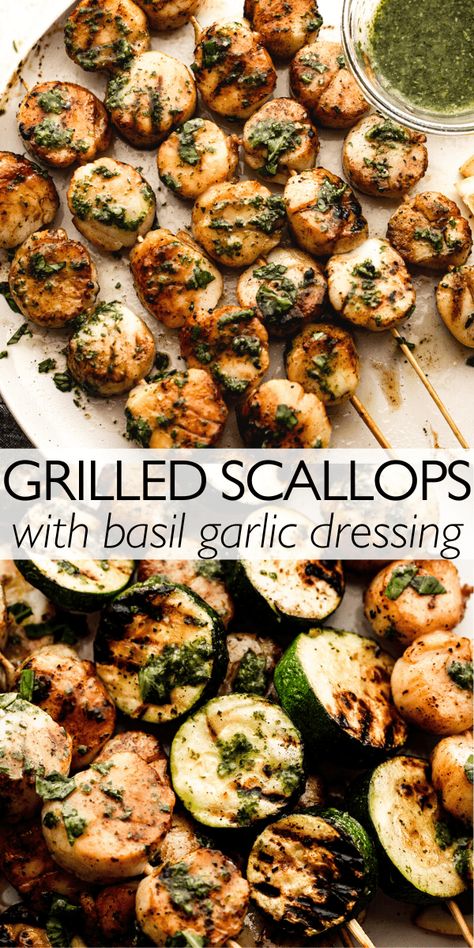 Looking for a quick, easy, dinner recipe that'll wow your taste buds? You have to try these tender grilled scallops. They're served with a fresh, herbaceous basil dressing and grilled zucchini. Wow! Healthy Shrimp And Scallop Recipes, Grilled Shrimp And Scallop Recipes, Grilled Scallop Recipes, Scallops Grilled, Grilled Scallops Recipe, Scallop Recipes Healthy, Shrimp Meals, Scallops Recipe, Grilled Scallops