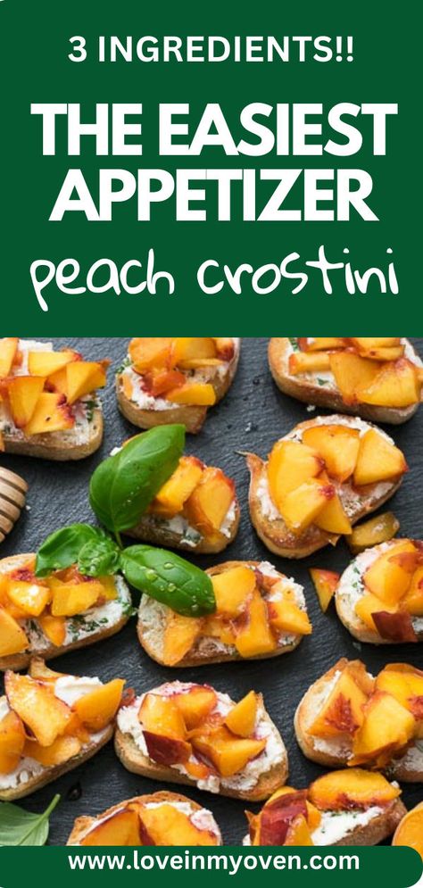 A simple combination of goat cheese, basil and honey makes for an easy peach crostini appetizer for the summer! Use juicy fresh peaches for a snack that everyone will enjoy! Grilled Peach Crostini, Peaches And Goat Cheese Appetizer, Peach Bruchetta Appetizers, Peach Goat Cheese Crostini, Fresh Peach Appetizers, Appetizers With Peaches, Peach Appetizer Recipes, Peach Crostini Appetizers, Peach Appetizers For Party