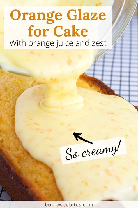 The perfect Orange Glaze is packed with orange flavor, not too sweet, and - best of all - easy to make! This recipe is made with fresh orange juice and zest to make the best orange icing for cake, cookies, cinnamon rolls, and more. Plus it’s the ideal consistency to drizzle and will hold up perfectly on all your baked goods (no more soaking in!) Cake With Orange Curd, Pastry Icing Recipe, Easy Orange Glaze For Cake, Orange Juice Glaze For Cake, Frosting For Orange Cake, Orange Cinnamon Cake, Orange Cream Cheese Glaze, Orange Cake Recipe Using Whole Oranges, Orange Frosting For Cinnamon Rolls