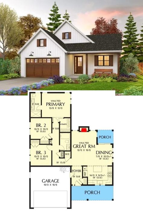 1,100 Sq Ft Single-Story Modern Farmhouse House Plan with 3 Bedrooms and    Double Garage 1 Story House Layout, 1 Story House Plans, House Plan With Garage, Room Floor Plan, Single House, Vaulted Great Room, Garage Floor Plans, Single Story Homes, Contemporary Cottage