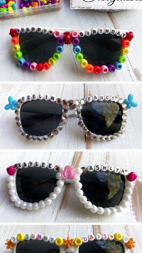 Sunglasses With Beads, Teen Summer Crafts, Bead Glasses, Diy Sunglasses, Beaded Sunglasses, Diy Shades, Sleepover Ideas, Summer Sunglasses, Things To Do With Friends