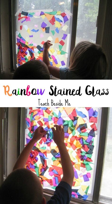 Rainbow Stained Glass craft for Kdis Reggio Science, Stained Glass Window Craft, Contact Paper Crafts, Stained Glass Craft, Vetenskapliga Experiment, Camping Kids, Stained Glass Cookies, Tape Clear, Window Crafts