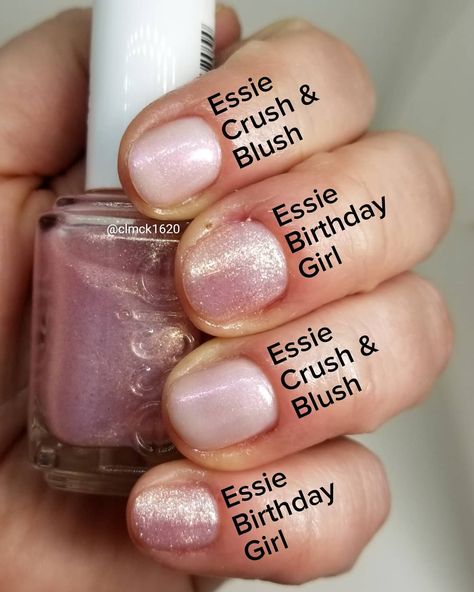 Comparison Swatches ♡ Essie | Crush & Blush (index, ring) • Essie | Birthday Girl (middle, pinky) Essie Crush And Blush, Essie Blushing Bride, Essie Birthday Girl, Essie Feel The Fizzle, Essie Blushin & Crushin, Essie Nail Polish Light Pink, Nurse Nails, Index Ring, Iridescent Nail Polish