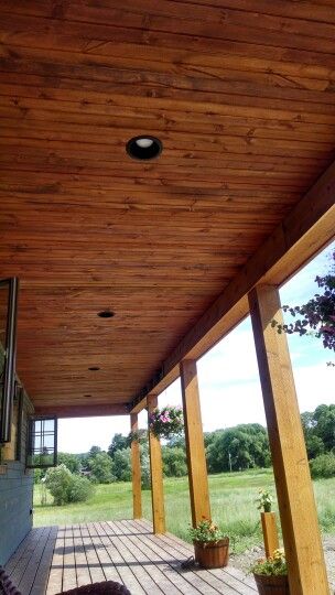 We stained our covered porch pine ceiling love it. Diy Porch Ceiling, Front Porch Inspiration, Three Season Porch, Porch Colors, Patio Remodel, Farmhouse Front Porches, Porch Ceiling, Porch Remodel, Porch Posts