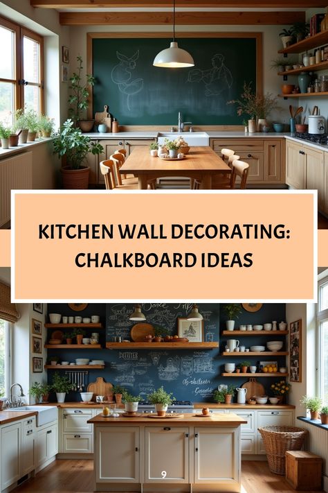 Family kitchen with a chalkboard wall. Kitchen Wall Decorating Ideas, Vintage Bedroom Styles, Vintage Copper Pots, Modern Floating Shelves, Wall Decorating Ideas, Wall Decorating, Kitchen Walls, Bright Kitchens, Herb Gardens