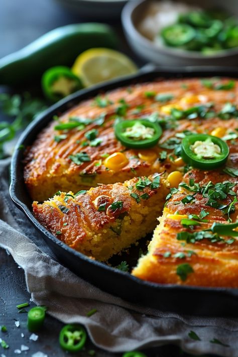 Cornbread garnished with jalapeño slices and herbs in a cast iron skillet, with a slice cut out. Spicy Jalapeño Cornbread, Skillet Jalapeno Cornbread, Sweet And Spicy Cornbread, Sweet Jalapeño Cornbread, Cornbread Recipe Skillet, Jalapeno Cornbread With Cream Corn, Jalapeno Popper Cornbread, Best Jalapeno Cornbread Recipe, Cornbread Recipe Jalapeno