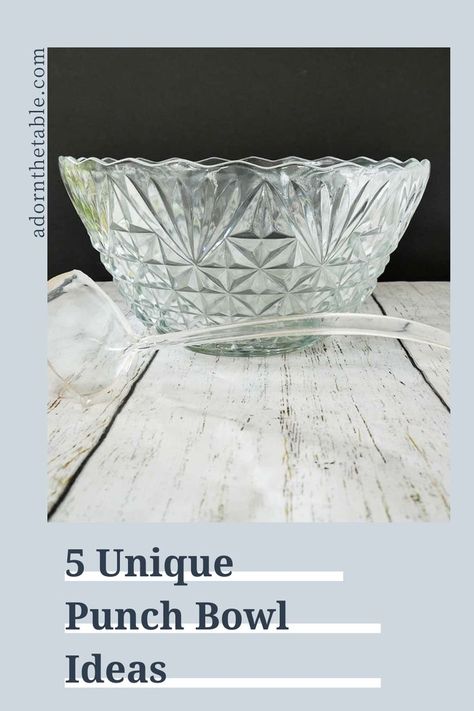 Glass punch bowl and ladle Antique Punch Bowls, Punch Containers Ideas, Uses For Punch Bowls, Punch Bowl Display Ideas, Vintage Punch Bowl Ideas, Punch Bowls Ideas Repurpose, Diy Punch Bowl, Glass Punch Bowl Repurposed, What To Put In Bowls For Decoration