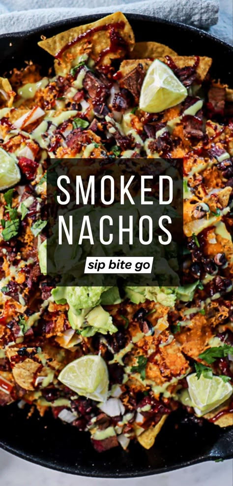 Traeger Smoked Nachos Recipe Smoked Brisket Nachos, Smoked Pork Nachos, New Smoker Recipes, Meals With Smoked Chicken, Traeger Nachos, Smoked Keto Recipes, Nachos On Grill, Apps On The Smoker, Meals On Smoker