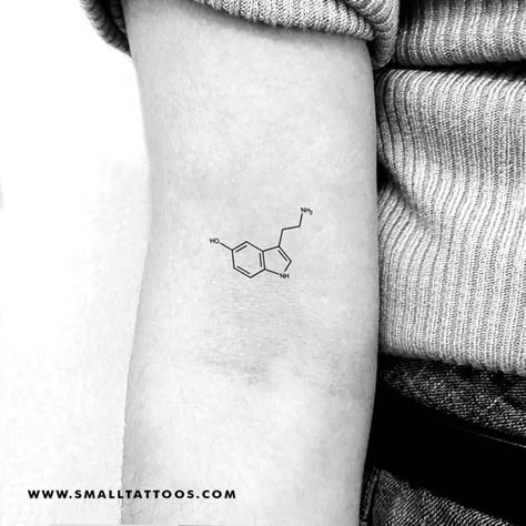 Serotonin Tattoos For Women, Science Tattoos Biology, Neuro Tattoo, Biology Tattoo Ideas, Tattoo Wildflowers, 3 Small Tattoos, Serotonin Molecule Tattoo, Biology Tattoo, Psychology Tattoo