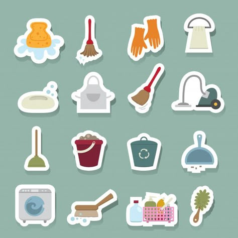 Planner Icon Aesthetic, Chores Stickers, Cleaning Illustration, Cleaning Stickers, Cleaning Icons, Vector House, Cleaning Mop, Planner Icons, Free Printable Stickers