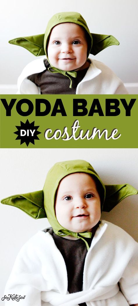 This DIY Yoda Baby Costume is only 3 pieces and really easy to create! A free download and able to fit most baby sizes, it's perfect for any Star Wars fans! || See Kate Sew #diybabycostume #starwarscostume #diyyoda #diyhalloweencostume #diyhalloween #seekatesew Yoda Costume Diy, Yoda Ears, Baby Yoda Costume, Shark Baby Costume, Diy Baby Costumes, Yoda Halloween, Yoda Costume, Mermaid Costume Diy, Baby Bonnet Pattern