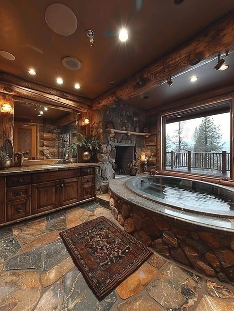 Cabin House Bathroom, Western Luxury Home, Fireplace In Bathroom, Country Bathroom Ideas, Country House Bathroom, Ranch Bathroom, Tub Fireplace, Cabin Style Homes, Bathroom Big