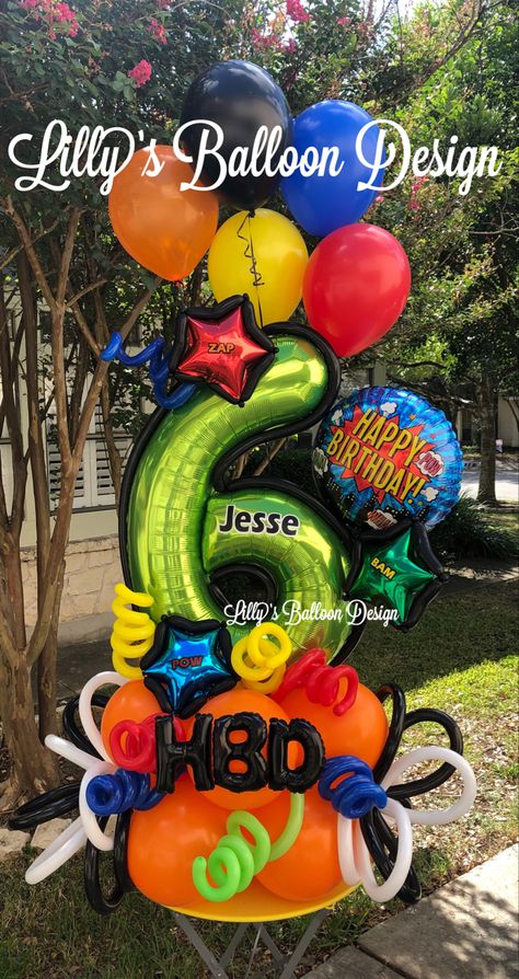 #comic #superhero #cartoon #six #birthday #balloons #customdesigns #stars #party #bam #boom #celebration #balloons #SA #balloonart #gift #balloonbouquet #texas #lillysballoondeisgn #210 #happybirthday #partyevents #sanantonio #fashion #loveit #badass #cutiepie #balloongift #summer #art Buzz Lightyear Balloon Bouquet, Comic Book Balloon Garland, Marvel Balloon Bouquet, Toy Story Balloon Bouquet, Monster Truck Balloon Bouquet, Comic Balloon, Pokemon Party Decorations, 5th Birthday Boys, Balloon Cartoon