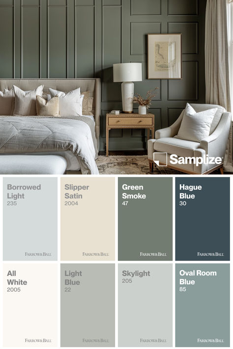 Browse these top colors from Farrow & Ball—including the stunning Green Smoke—and get large-format peel-&-stick paint samples of all 8 colors and more from Samplize. @samplize #Farrow&Ball #GreenSmoke #PaintCollections #LuxePartner Neptune Moss Paint Bedroom, Sage Green Farrow And Ball, Green Farrow And Ball Bedroom, Full House Color Scheme, Farrow And Ball Greens, Cardroom Green Farrow Ball, Farrow And Ball Colour Schemes, Card Room Green Farrow And Ball, Farrow And Ball Paint Colors