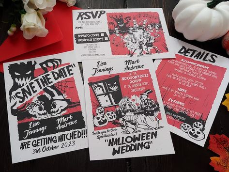 Personalised Retro Spooky Halloween Wedding Invite - Etsy Spooky Halloween Wedding, Guest Information Card, Halloween Wedding Invitations, Halloween Themed Wedding, Dark Wedding, Rsvp Postcard, Information Card, The Wedding Date, Save The Date Card