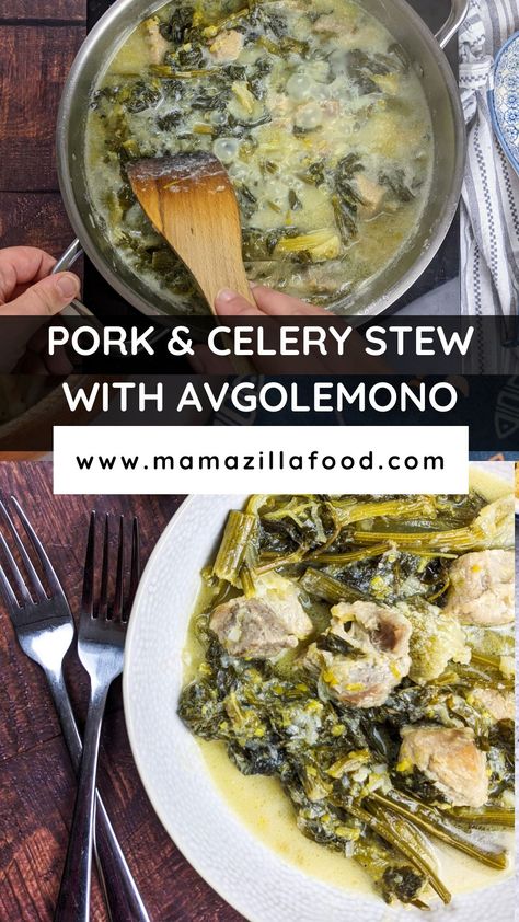 First: Pork and celery stew served in bowl with two forks next to it and a lemon cut in half. Second: Ingredients for pork and celery stew. Greek Pork Stew, Pork Feet Recipe, Pork Chop Stew, Celery Stew, Greek Pork, Egg Sauce, Mediterranean Spices, Pork Stew, Nutrition Articles