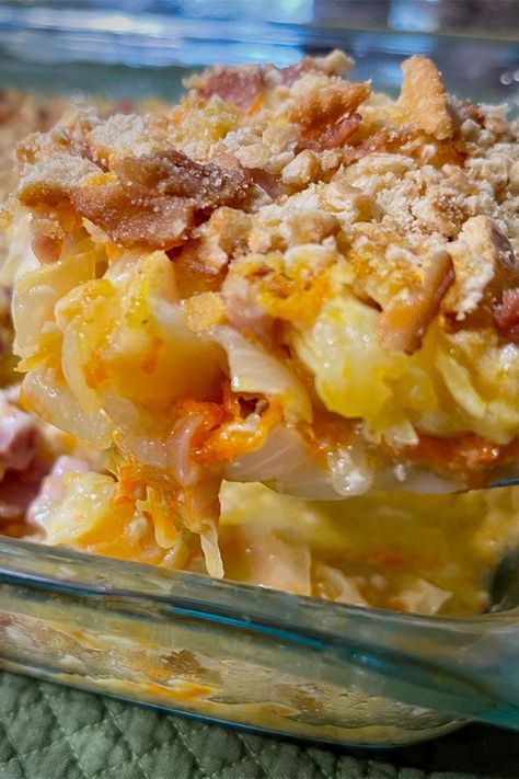 This ham and cabbage casserole is a quick and easy leftover ham recipe! Cook the best ham and cabbage casserole using leftover ham, hash brown potatoes, cabbage, carrots, bacon, and crackers. You will love cooking this ham and cabbage casserole for an easy dinner! Cabbage Hashbrown Casserole, Ham Potato Cabbage Casserole, Cabbage Ham Potatoes, Ham Cabbage Carrots And Potatoes, Cabbage Ham And Potatoes, Ham Cabbage And Potatoes Crockpot, Ham And Cabbage Casserole, Cabbage And Ham Recipes, Ham Casseroles For Dinner