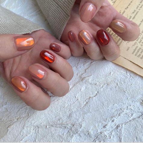 Autumn Jelly Nails, Jelly Nails Different Colors, Amber Jelly Nails, Orange Jelly Nails, Summer Jelly Nails, Short Jelly Nails, Fall Jelly Nails, Jelly Gel Nails, Jelly Nail Art