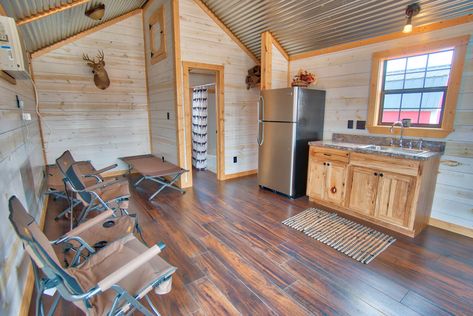 Chisholm Trail Cabin Interior.  260 square feet cabin, a great solution for a hunting cabin, tiny home, or guest house. Deer Lease Cabin, Tiny House Hunting Cabin, Deer Camp Cabin, Hunt Camp Cabin, Hunting Shack Interior, Small Hunting Cabin Interior, Hunting Shack Ideas, Guest Cabin Ideas, Tiny Hunting Cabin