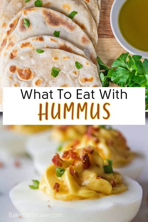 Pin split image with text showing different recipe ideas for what to serve with hummus. What To Eat With Hummus Snacks, What To Serve With Hummus, What To Do With Hummus, How To Eat Hummus, What To Eat With Hummus, Hummus Snack, Homemade Bread Bowls, Split Image, Easy Hummus Recipe