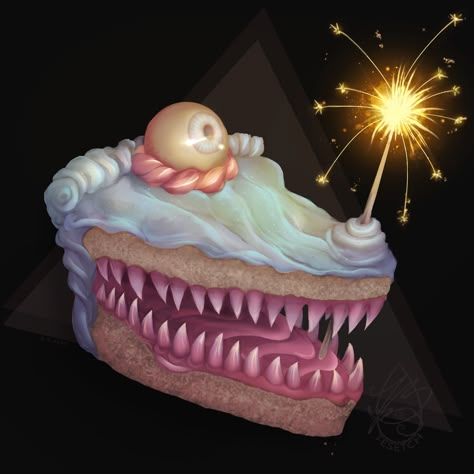 ArtStation - Cake Mimic, Tess Lanyon (aka. TesEtch) Cake With Eyes, Food Creatures, Dnd Mimic Art, Mimic Art, Mimic Dnd Concept Art, Horror Food Art, Food Monster, Fantasy Mimic, Food Monster Art