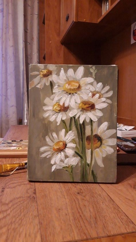 Aesthetic Flower Canvas Painting, Natural Oil Painting, Guash Drawings, Painting Reference Photos Flowers, Flower Small Painting, Flower Drawing Oil Painting, Chamomile Flower Painting, Painting Ideas On Canvas Oil Paint, Flower Painting Oil Paint