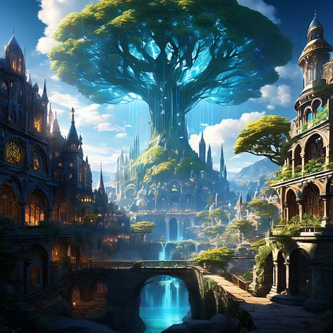 Feywild Village, Fantasy Landmarks, Feywild Art, Elven City, Superhero Art Projects, Fantasy Tree, Disney Games, Anime Backgrounds Wallpapers, Fantasy City