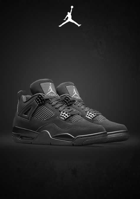 Jordan 4 Black Cat Wallpaper, Cute Shoes Aesthetic, Black Cat Wallpaper, Jordan Black Cat, Black Cat 4s, Duke Bike, Shoe Poster, Jordan 4’s, Jordan 4 Black