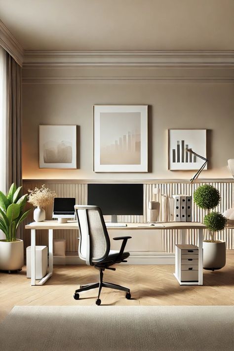 This modern neutral-toned office is the perfect balance of simplicity and elegance. Featuring a sleek wooden desk, an ergonomic chair, warm lighting, and subtle plant decor, this space is designed for focus and productivity. A minimalist art print replaces traditional wall text, adding a touch of sophistication. Save this for your dream office inspiration! Modern Neutral Office, Neutral Home Office, Minimalist Workspace, Neutral Office, Office Minimalist, Wall Text, Office Aesthetic, Minimalist Art Print, Dream Office